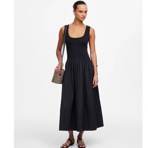 Madewell Mixed Poplin Scoopneck Maxi Dress Jet Black Sleeveless Size L NWT